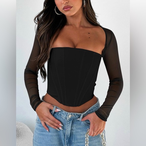 ReoRia Tops - REORIA Mesh Long Sleeve Boned Corset Square Neck Going Out Bustier Crop Top